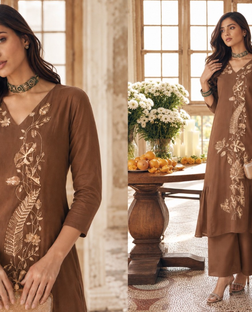 7113 - Sonorous Embroidered Chanderi Brown Salwar Kameez